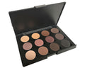 Eyeshadow palette with multiple pressed shades in nude, brown, mauve, and dark gray.