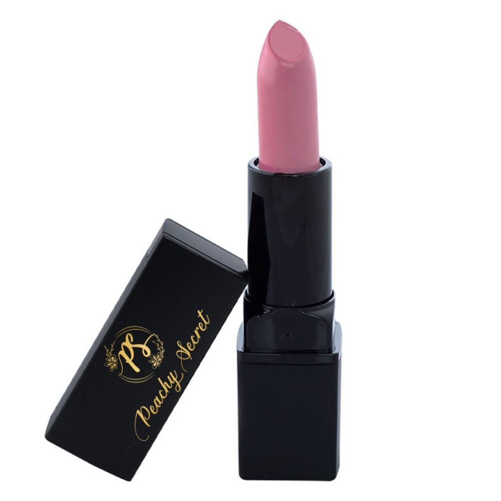 Hydrating satin lipstick in soft mauve-pink with black tube and open compact case