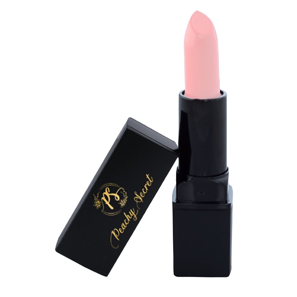 Hydrating satin lipstick in pale pink shade with black tube and open cap