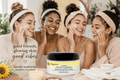 Radiant Glow scrub jar in spa setting, black lid and yellow label on white tub