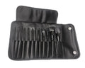 Rolled makeup brush case with 12 black brushes, black fabric pouch